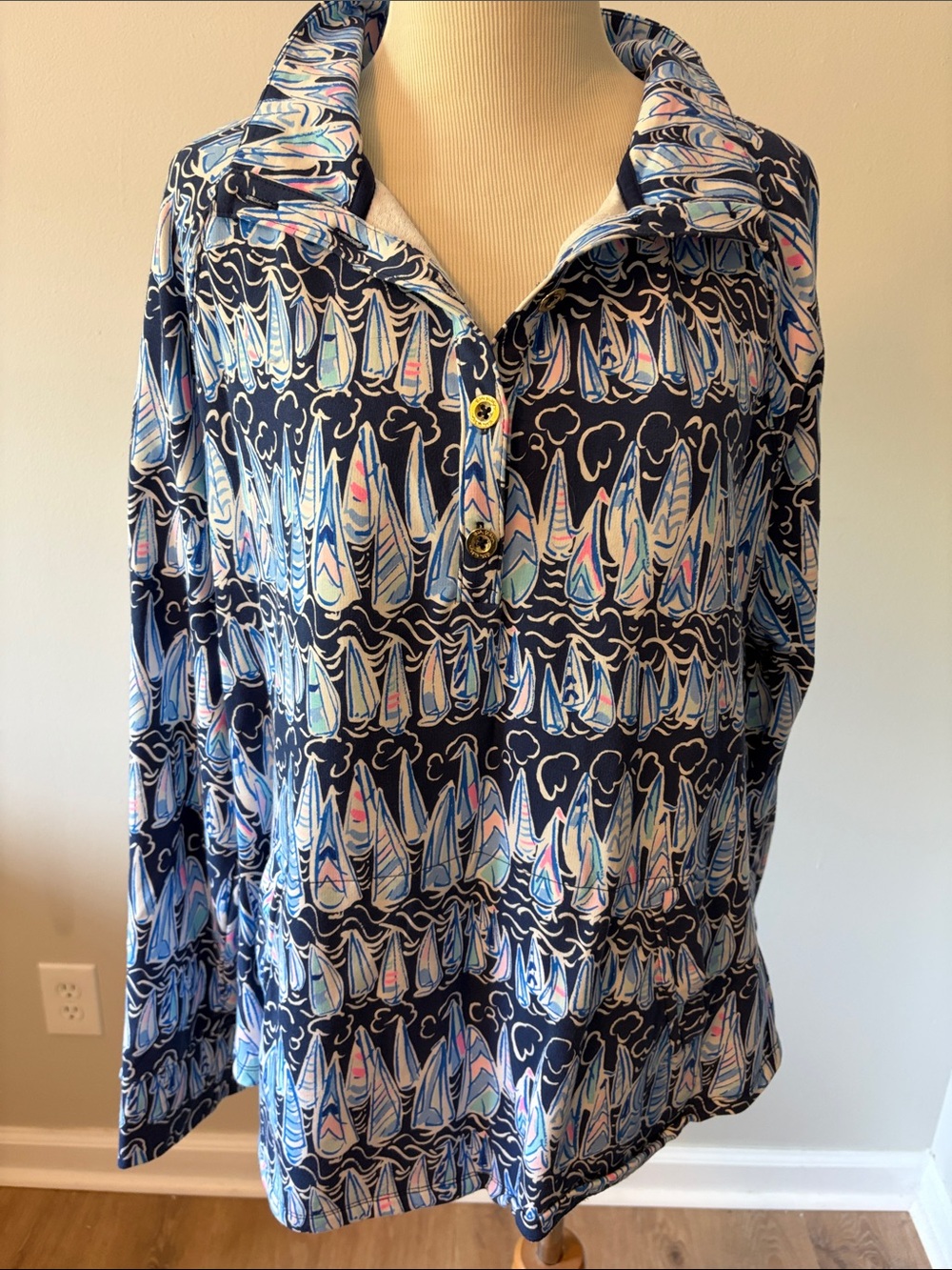 Navy Sailboat Print Shirt - Blue Patterned Long Sleeve